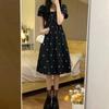 2023 Elegant French Floral Square Neck Black Summer Dress: Slim Waist, High-End Long Skirt for Women