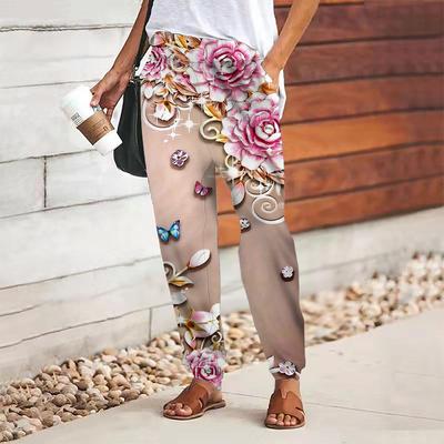 Женские брюки с цветочным принтом на шнуровке, с эластичной талией, свободные брюки, повседневные длинные брюки, брюки с карманами