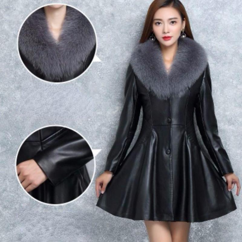 Autumn And Winter Women Medium Long Leather Windbreaker Coat Black Red Faux Leather Clothes