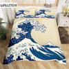 Duvet Cover Japanese Style Sea Ocean Waves Nautical Hand Drawn Japanese Style Cover Illustration Ukiyoe Themed Decor Blue Cream