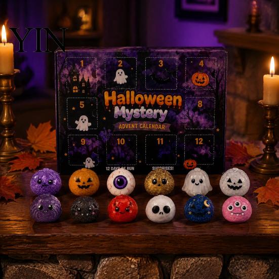 Desktop Stress Toys Halloween Advent Calendar, 12 Day Countdown with Soft Bun Squeeze TPR Sensory Toys, Includes Ghost Pumpkin Fidget for Relief