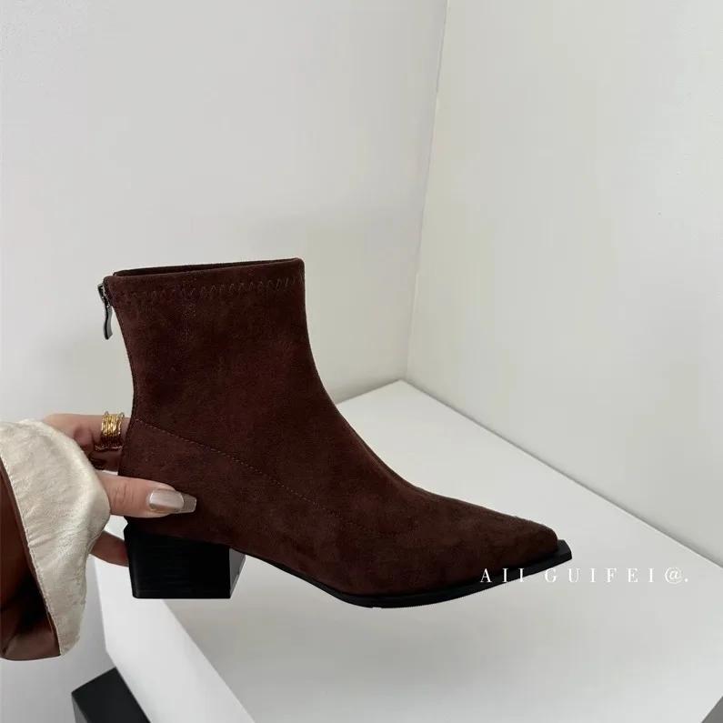 Дизайнерские женские ботильоны, модные, с острым носком, короткие, женские, повседневные, на толстом каблуке