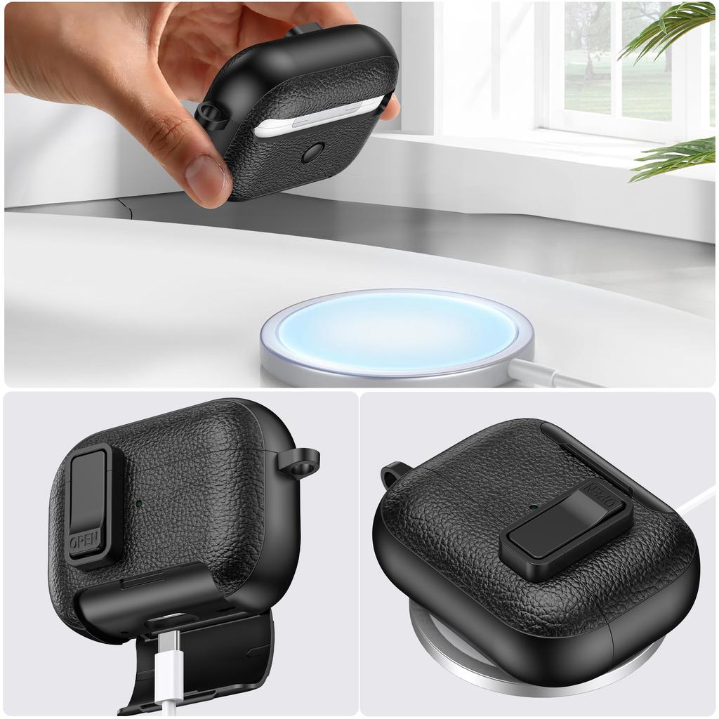 For Apple AirPods Pro Protective Case with Stand Litchi Texture Leather TPU + PC Earphone Cover with Lock Buckle and Carabiner