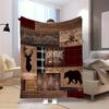 1pc of Comfortable Adventure Flannel Blanket Featuring a Deer Head and Bear Pattern, Creating a Rich Natural Wilderness Vibe. Perfect for Ou