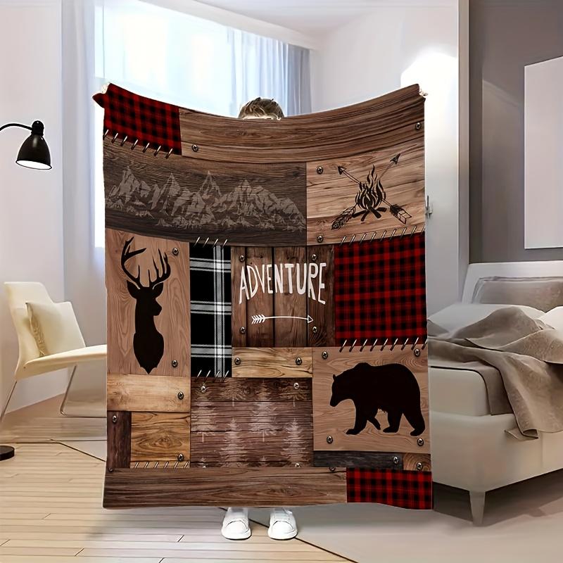 1pc of Comfortable Adventure Flannel Blanket Featuring a Deer Head and Bear Pattern, Creating a Rich Natural Wilderness Vibe. Perfect for Ou