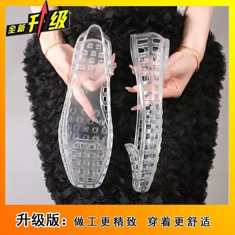 2025 Summer New Outer Wear Square Head Shallow Mouth Hollow Flat Sole Single Shoes Fashionable Versatile Transparent Crystal Fashion Sandals