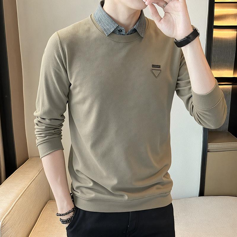 Осенний свитшот мужской с длинным рукавом, модный топ с воротником-рубашкой из двух частей, новая футболка, базовая футболка, наряд для папы