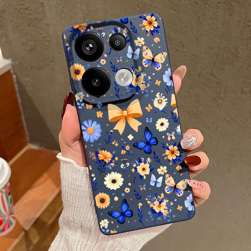 Чехол с цветочным узором и синей бабочкой для Xiaomi 14T 13T 11T Pro Funda Redmi Note 14 13 12 11 Pro 5G 4G Силиконовая крышка с текстурой кожи