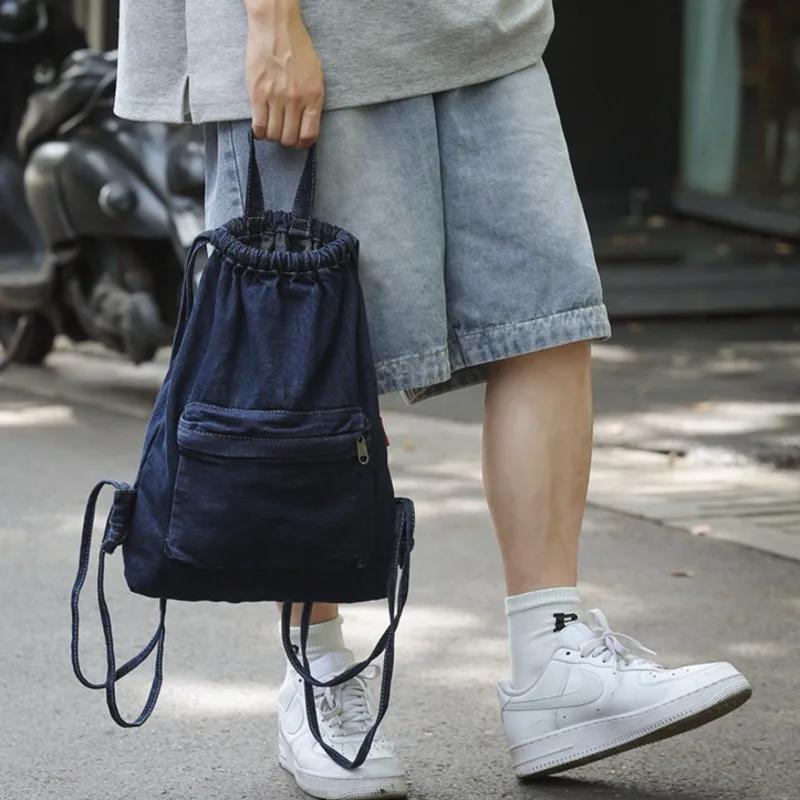 Mochila Washed Drawstring Canvas Bag for Women's Retro Fashion Travel Backpack Unisex Solid Color Denim Backpack