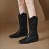 Women's Black Thick Heel Riding Boots Mid-calf Winter Pointed Toe Fashionable Cowboy Boots