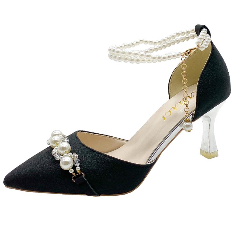Элегантные туфли-лодочки на тонком каблуке с жемчугом, женские туфли с острым носком, украшенные бисером, на высоком каблуке, женские туфли с ремешком на щиколотке и кристаллами для свадебной вечеринки 2024