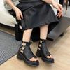 Platform High-top Sandals Women's Retro Peep Toe Belt Buckle Decorate Hollowed Muffin Sole Thick-bottom Rear Zipper Roman Shoes