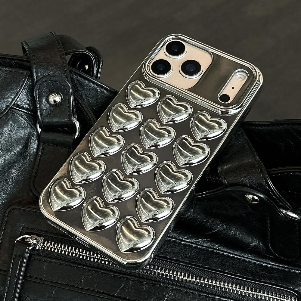 Серебристый 3D Чехол-Сердечко для iPhone 17 Air 16 15 14 13 12 11 Pro Max Гальванизированный Ударопрочный Мягкий Силиконовый Чехол