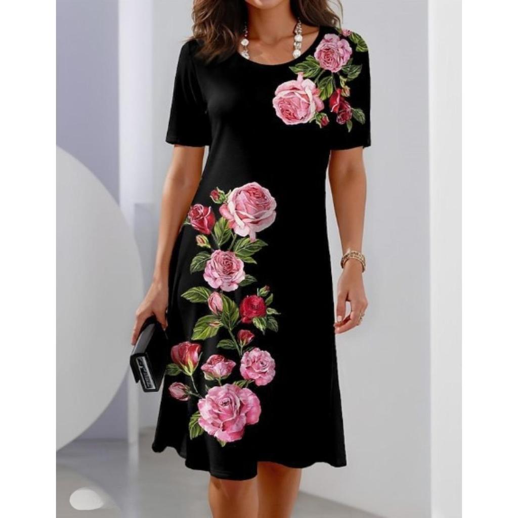 Платье с круглым вырезом и цветочным принтом, облегающее талию, элегантное платье для женщин, свободные платья с коротким рукавом, повседневное платье