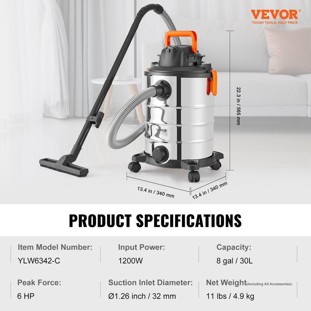 Wet/Dry Shop Vacuum Vac 30L 6 Peak HP w/ Nozzle Stainless Steel Silver