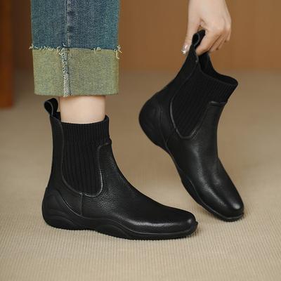 Женские короткие ботинки из овчины 2025 британский стиль платформа весенне-осенние одинарные ботинки повседневная спортивная подошва ботинки челси вязаные женские носки ботинок