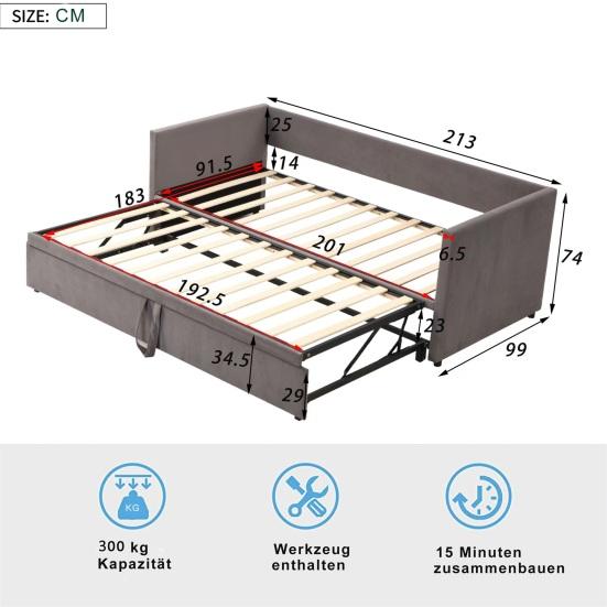 Upholstered Bed Extendable Sofa Bed 90/180x200cm with Slatted Frame, Multifunctional Bed Made of Skin-Friendly Velvet Fabric