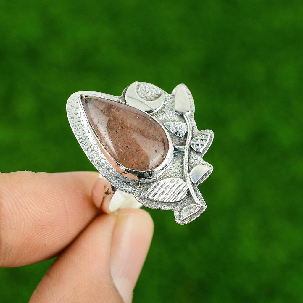 925 Silver Sunstone Stone Cescent Moon Boho Statement Sacral Chakra Ring Jewelry