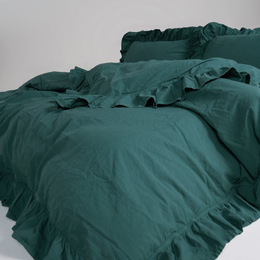 Bedding set 220x200 100% CREASTED COTTON with ruffles, dark green