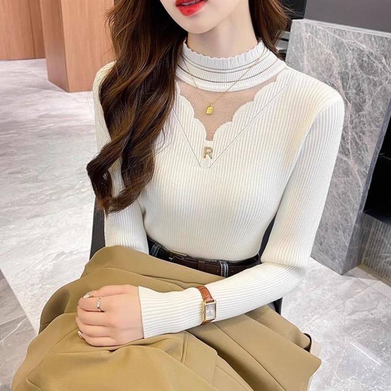 Turtleneck Hollow-out Lace Trim Knitwear Long Sleeve Spring Autumn Versatile Fashion Outer Wear Base Layer Top