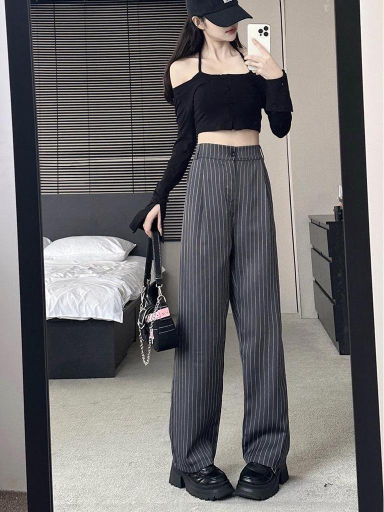 Women's Korean Striped Wide-Leg Pants - Slim, Versatile, Loose Fit for Spring & Autumn 2025