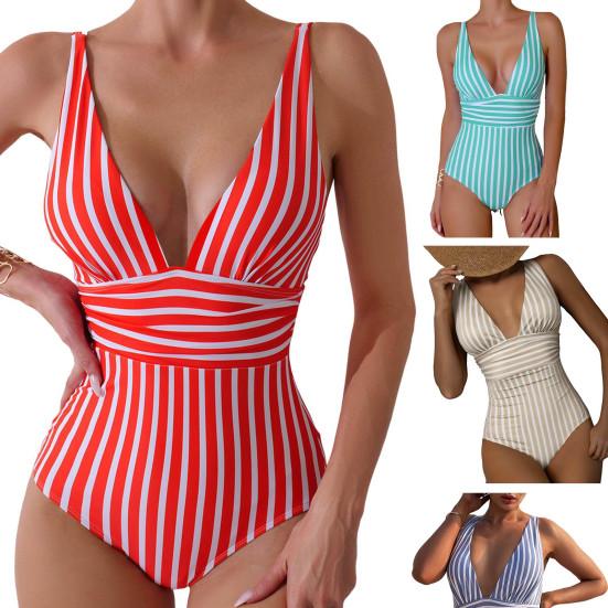 Женский монокини с глубоким V-образным вырезом без рукавов, облегающий слитный купальник-бикини с полосатым принтом и высокой талией, утягивающий живот
