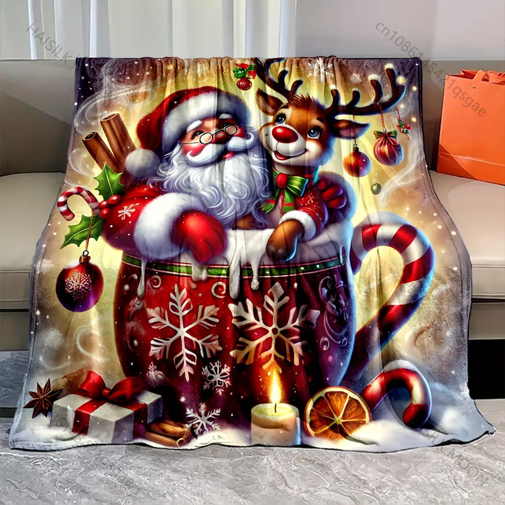 1PC Santa and reindeer in cup pattern Blanket Flannel Material Soft Warm for All Seasons,For Home Outdoor Camping Picnics RV