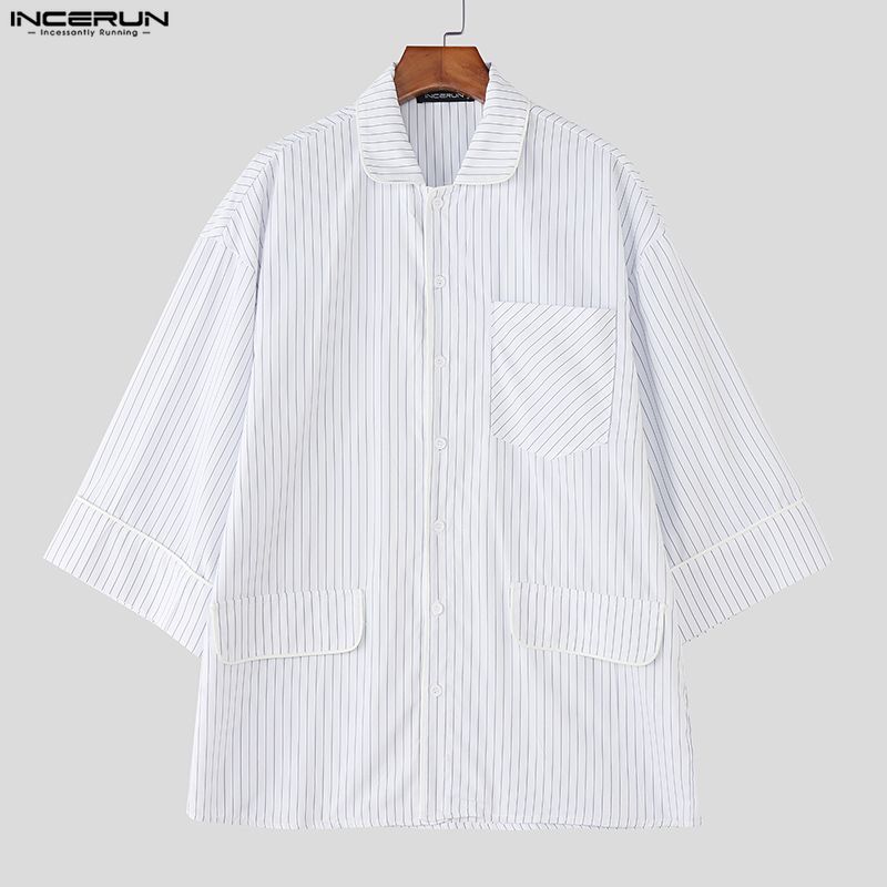 INCERUN Men Spring Lapel Neck 3/4 Sleeve Striped Shirts Casual Oversized Tops