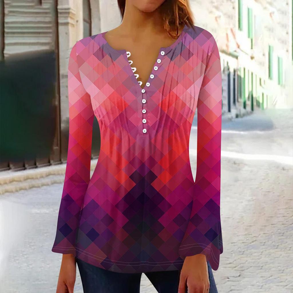 Женская плиссированная футболка на пуговицах с v-образным вырезом и длинными рукавами с цветочным принтом, топы