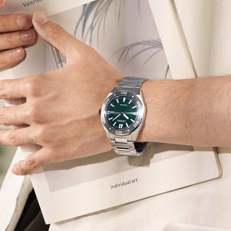 Citizen Кварцевые часы Eco Drive с питанием от света, стальной ремешок, 41 мм, унисекс, зеленый циферблат BM7630-80X