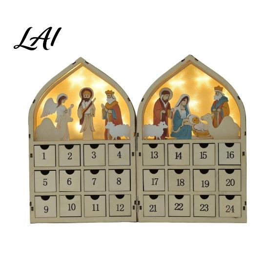 Christmas Countdown Activity 24 Days Wooden Nativity Advent Calendar with LED Lights Foldable Decorative Storage Box Calendar House Shape
