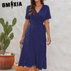 New Product V -neck High -waisted Strap Dress Solid Color Long Short -sleeved Dress Vacation Travel Skirt