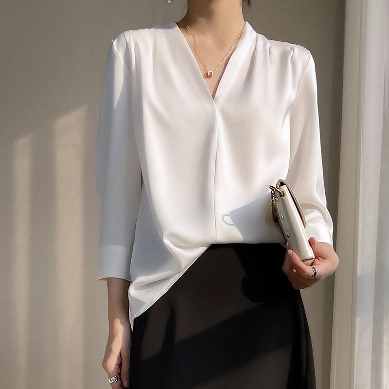 Шелковая рубашка для женщин, весенне-летняя рубашка с v-образным вырезом, простой рукав с девятью точками, темпераментный универсальный французский топ
