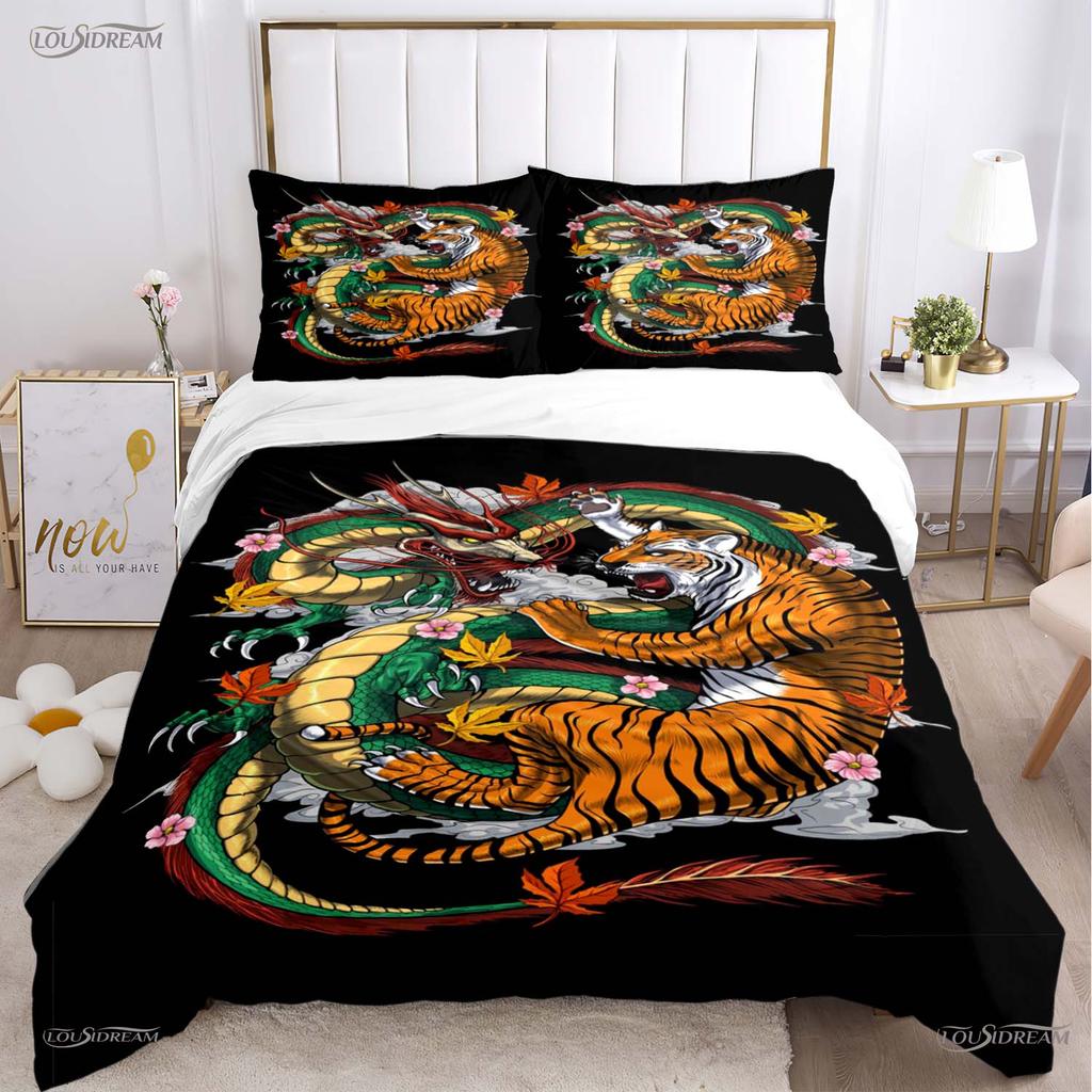 Fashion Dragon and Tiger Battle All Season Duvet Cover Bedding Sets Soft Quilt Cover and Pillowcases Single/Double/Queen/King