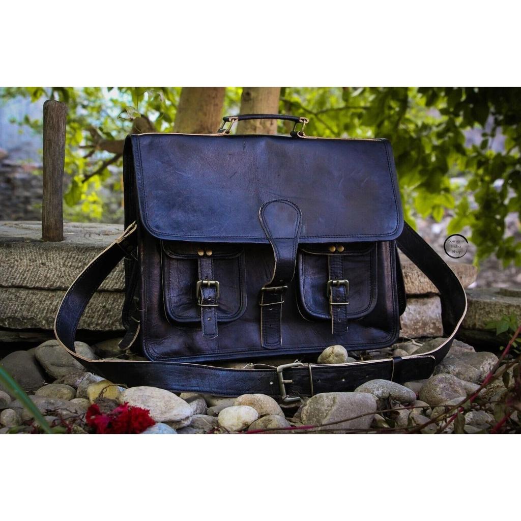 Mens Genuine Vintage Large Black Leather Shoulder Messenger Laptop Bag Briefcase