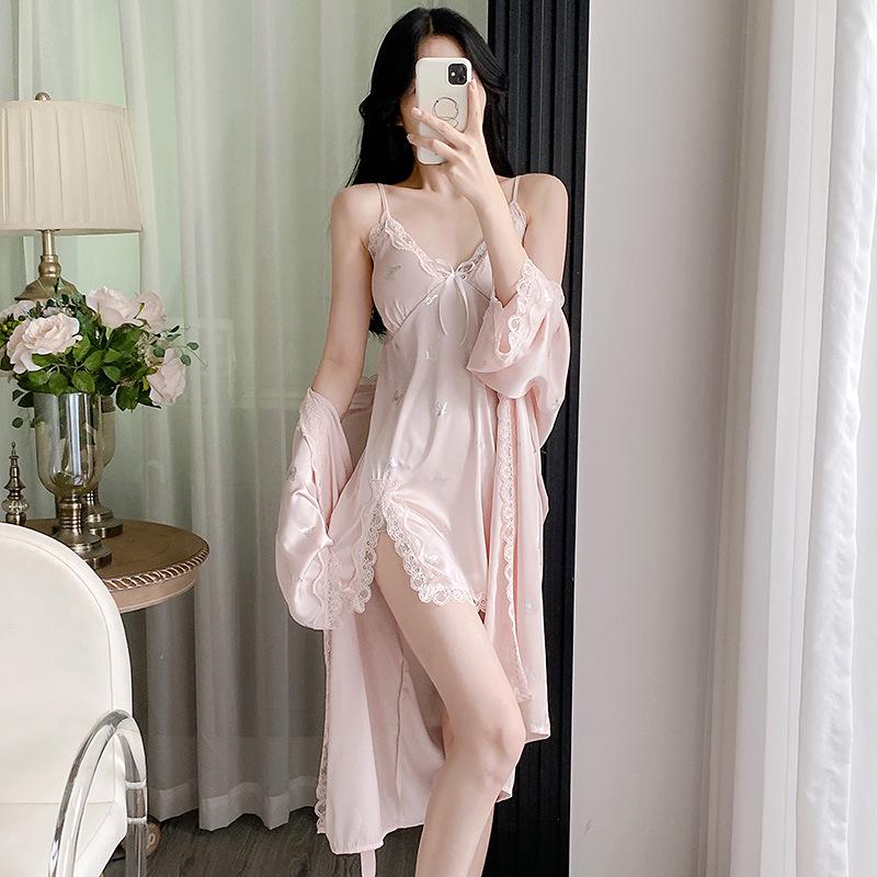 2025 Women's Ice Silk Camisole Nightdress & Robe Set - Sexy, Light Luxury Style for Home or Outdoors
