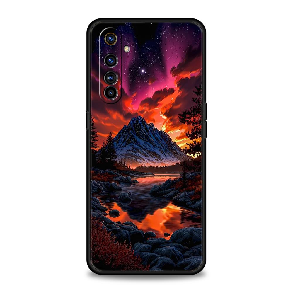 Мягкий ТПУ Для Realme 11 10 9 Pro Plus GT2 GT3 GT5 C21 C25 C35 C53 C55 C67 Pro 5G Ударопрочный Чехол для Телефона Розовый Закат Гора Capas