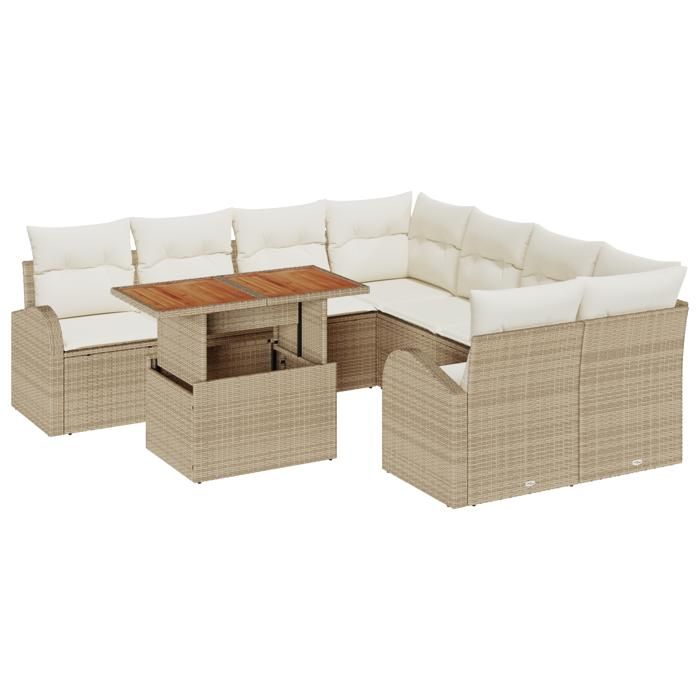 9-piece Garden Sofa Set with Beige Poly Rattan Cushions, Two-seater Garden Sofa with Storage 3358304