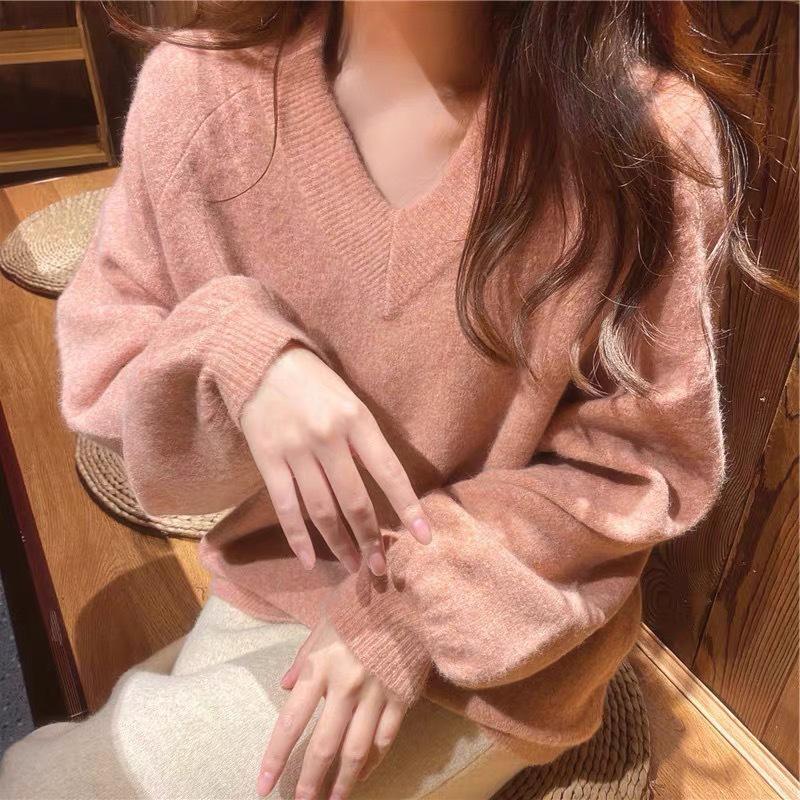 Women's Pink V-Neck Lazy Style Knit Sweater - New Autumn/Winter Design