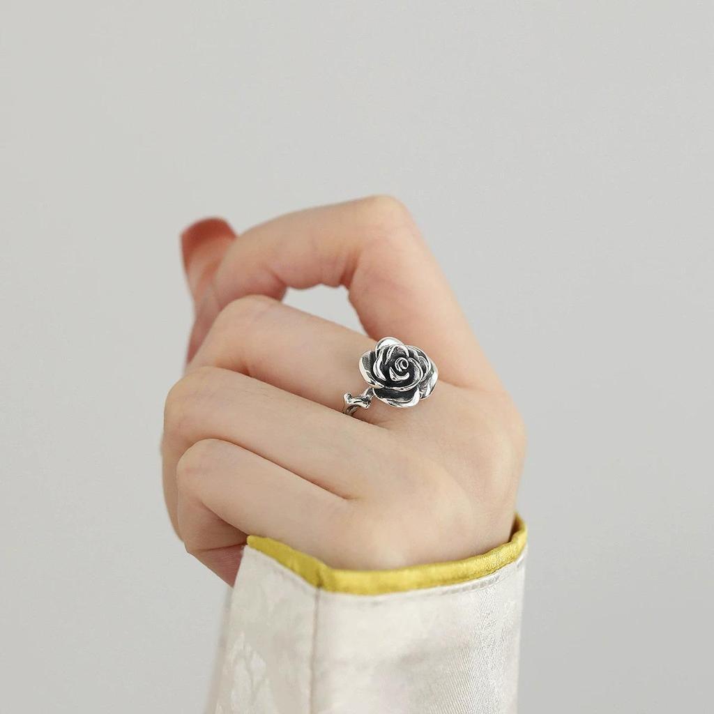 Adjustable 925 Sterling Silver Rose Ring - Retro Chinese Style