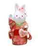 Yakushi Kiln Rabbit Figurine, Kinsai Chirimen Heart Flower Rabbit (Right Hand Raised, Fortune)