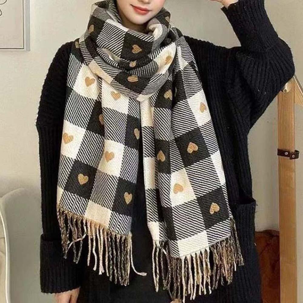 Long Heart Thickened Scarf Acrylic Fibers Tassel Shawl Large Plaid Knitted Scarf Autumn