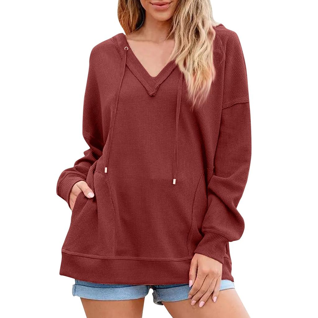 Женская повседневная модная однотонная толстовка с капюшоном и V-образным вырезом с длинным рукавом