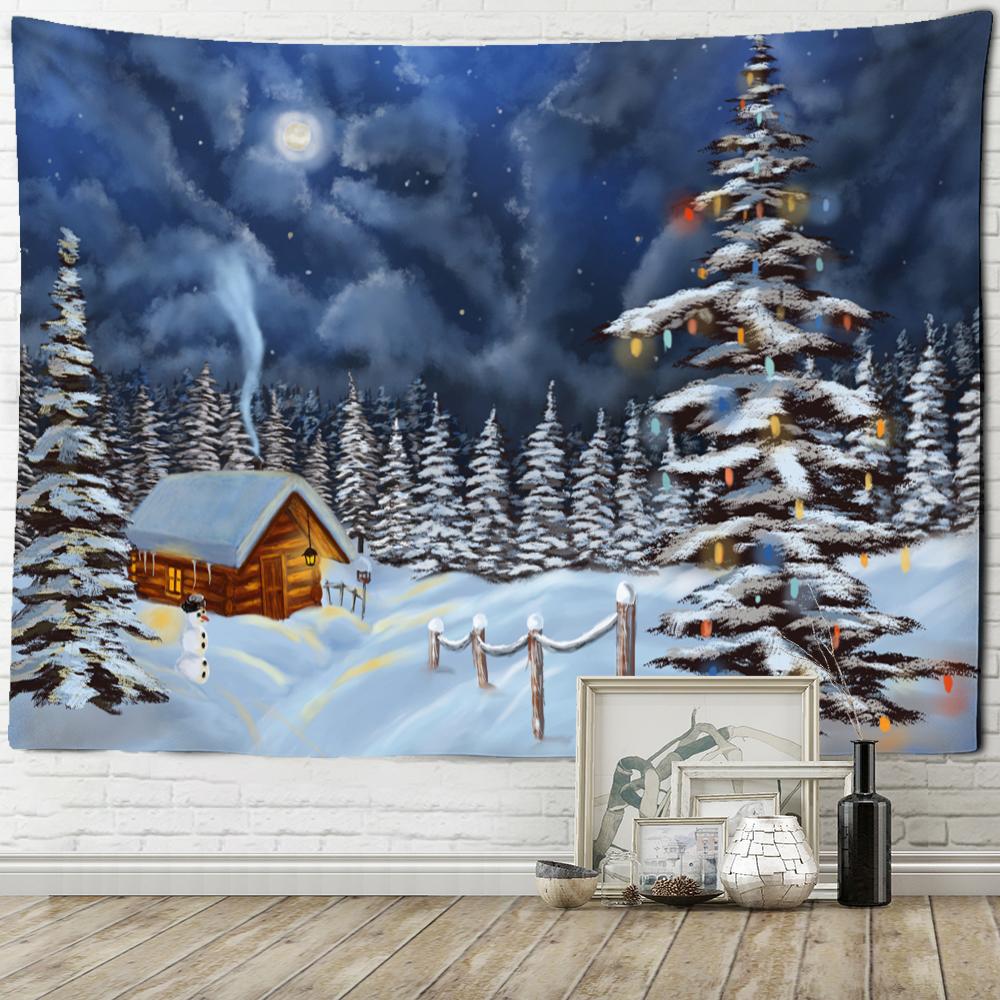 Рождественская елка Снежная сцена картина маслом гобелен настенный богемный стиль хиппи психоделический колдовство комната домашний декор