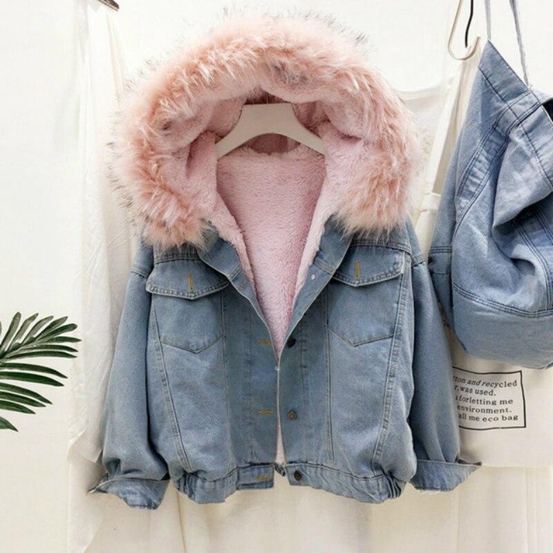 Big Faux Fur Collar Denim Jacket Women Winter Hooded Warm Jean Jacket Student Basic Short Parkas Female Bomber Coat