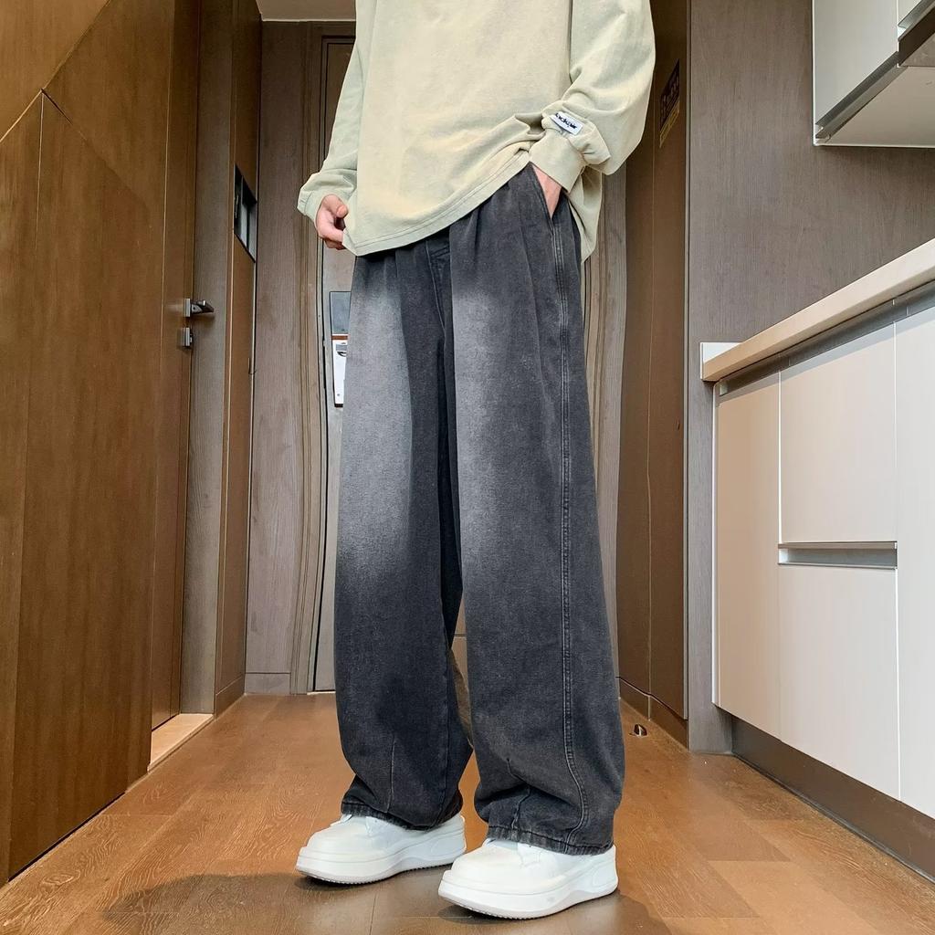 Spring and Fall Jeans Men's Hong Kong Style Trend Loose Straight  Fashion Simple Wide-legged Pants Plus Size