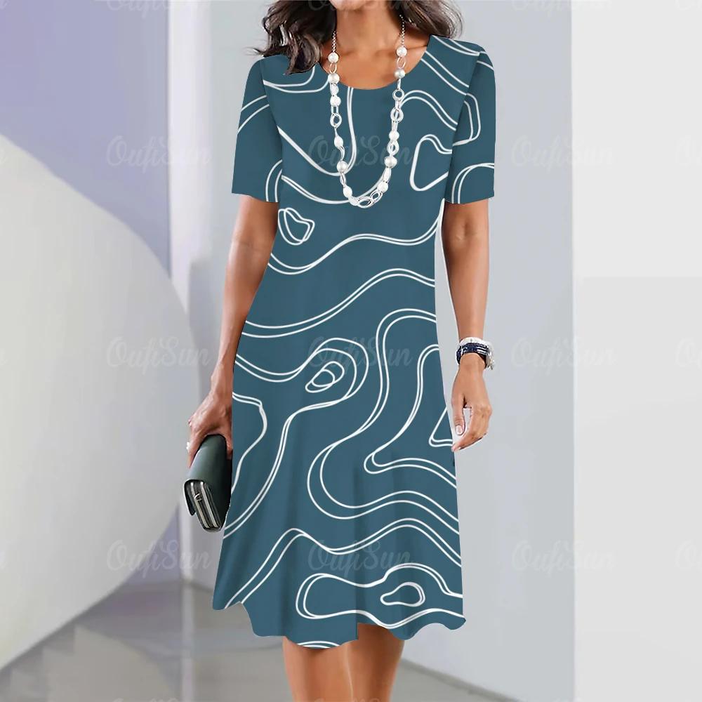 Summer Woman Dresses Women's Round Neck Short Sleeves Clothing Irregularly Streak Print Dress Clothing Loose Pullover Streetwear