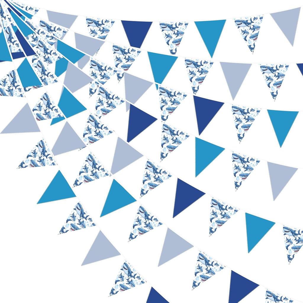 32Ft Blue Party Decorations Retro Blue Triangle Banner Flag Pennant Bunting Fabric Garland Streamers for Nautical Wedding Birthday Ahoy Achor Bridal