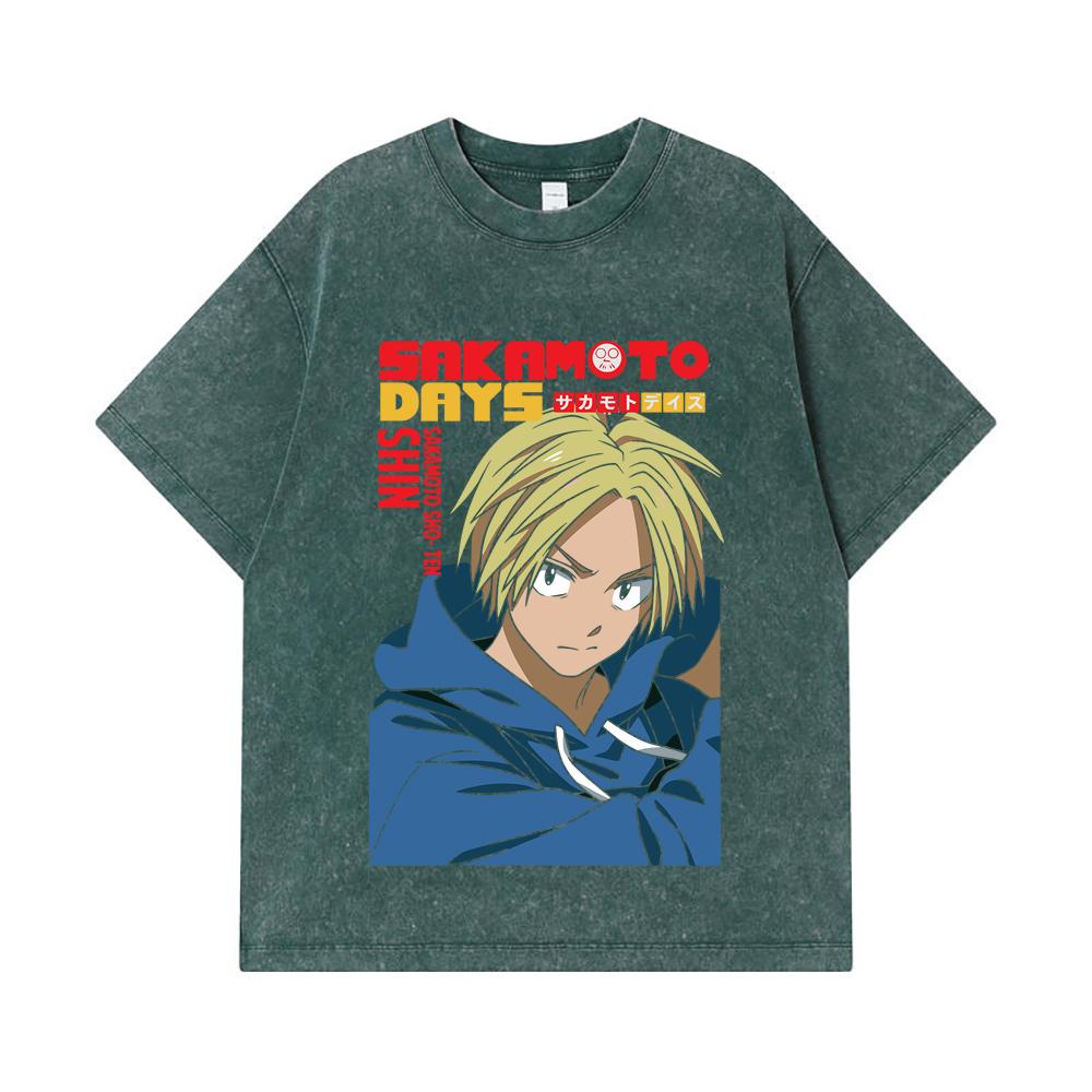 275 GSM Washed T-shirts 100% Cotton Sakamoto Days V8 Shin Print Unisex Heavy Cotton T Shirt