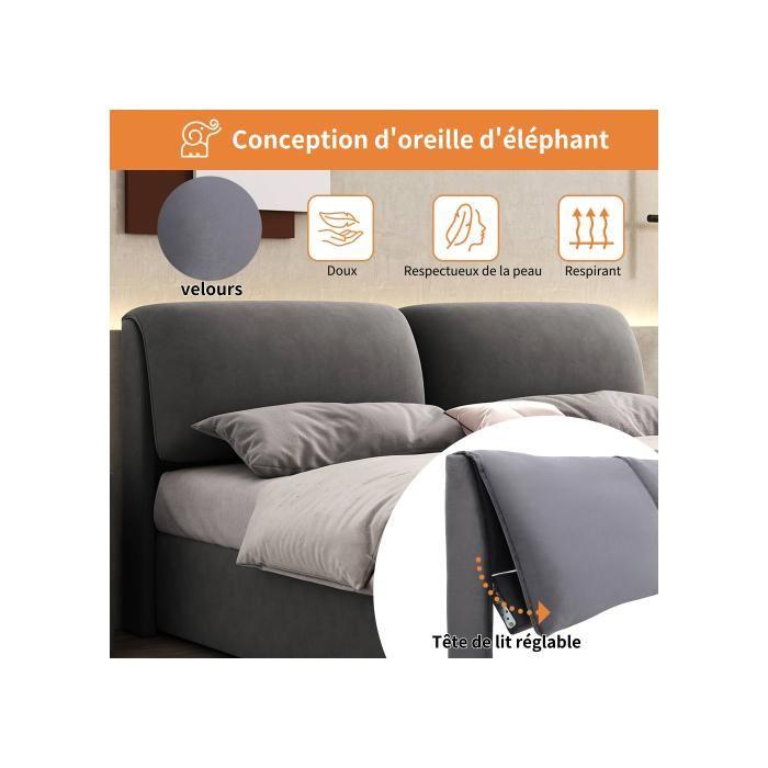 Lit rembourré, 140*190, base hydraulique, trois tiroirs, sans matelas, velours, gris